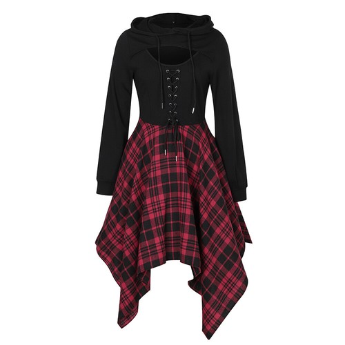 Women Plaid Irregular Hollow Hooded Midi Dress Ladies Long Sleeve Party Gowns - Picture 5 of 15