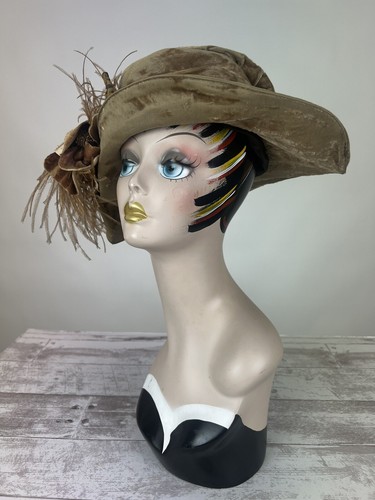 Antique Edwardian 1900s Hat Feathers Velvet Titanic Flowers Bouquet Brown AS IS - Picture 8 of 11