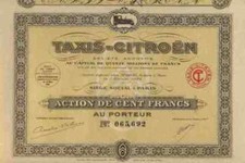 TAXIS Citro&euml;n Gr&uuml;nderaktie 1924 Peugeot Paris 100 Francs Titres Anciens DEKO