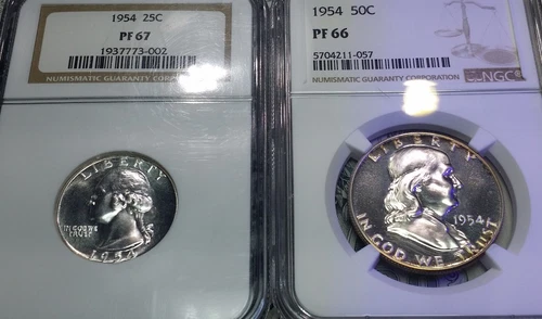 1954 Washington Quarter NGC PF67 & Franklin half - NGC PF66 Toned