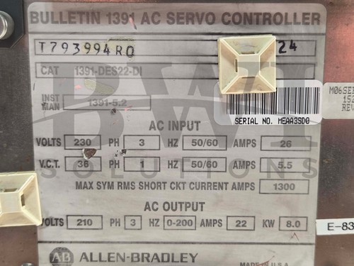 Allen Bradley 1391-DES22-DI AC Servo Controller, 3-Phase 8.0KW, 26A, 1391DES22DI - Picture 2 of 12