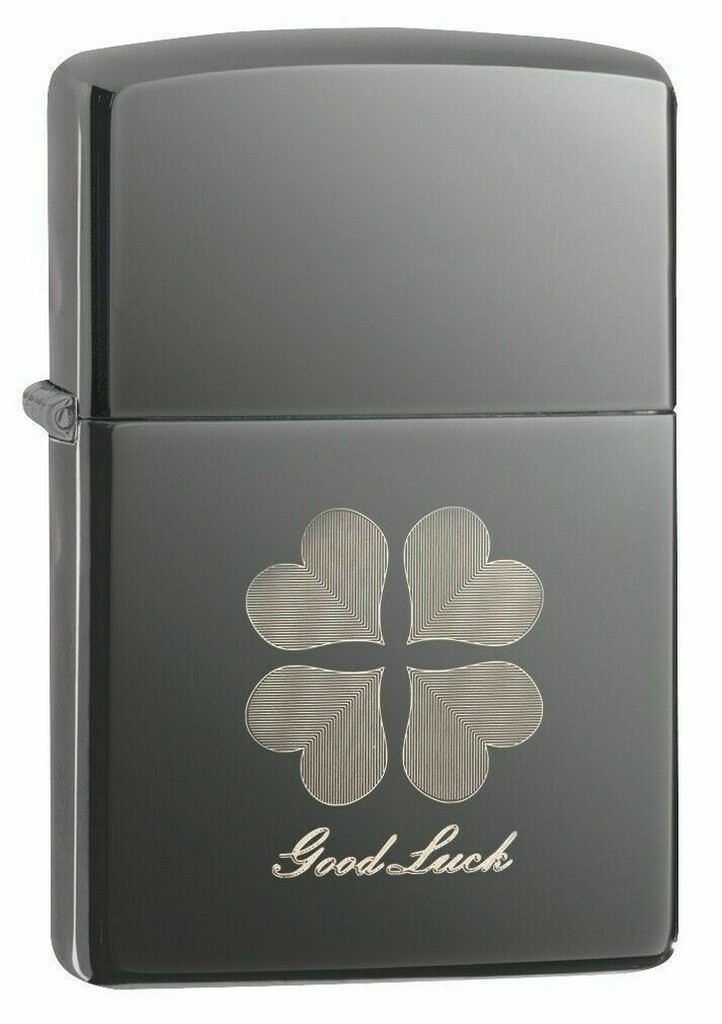 Zippo 49120 Good Luck Design 4 Leaf Clover Black Ice Finish Lighter