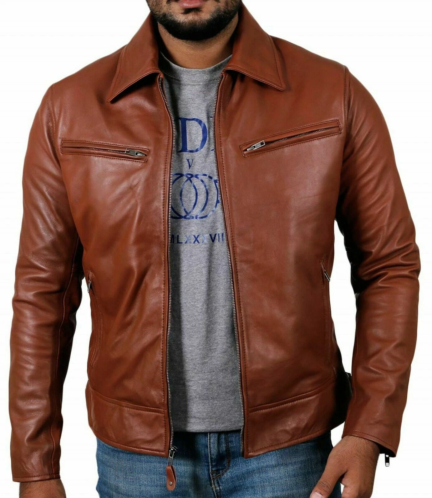 Men's Genuine Soft Sheepskin Leather Biker Motorcycle Classic Style Tan Jacket