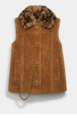 COACH Jennifer Lopez Shearling Collar Sherpa Chain Signature Vest C6536 Brown L