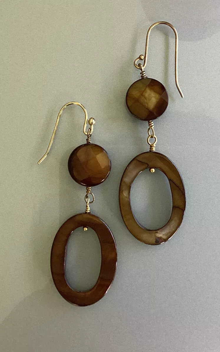 NEW Stella Dot Mocha Brown Disk Hoop Earrings Gold Pierced Shell