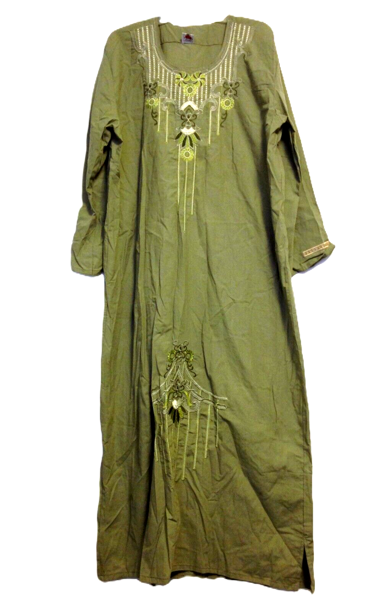 Ladies 100% Cotton Long Sleeves Embroidered Lounging /Sleep OLive Maxi Dress  XL | eBay