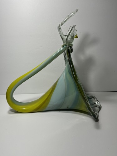 Vintage Blown Art Glass TRUMPET Flower With BIRD Sculpture Yellow TURQUOISE 15" - Picture 5 of 12