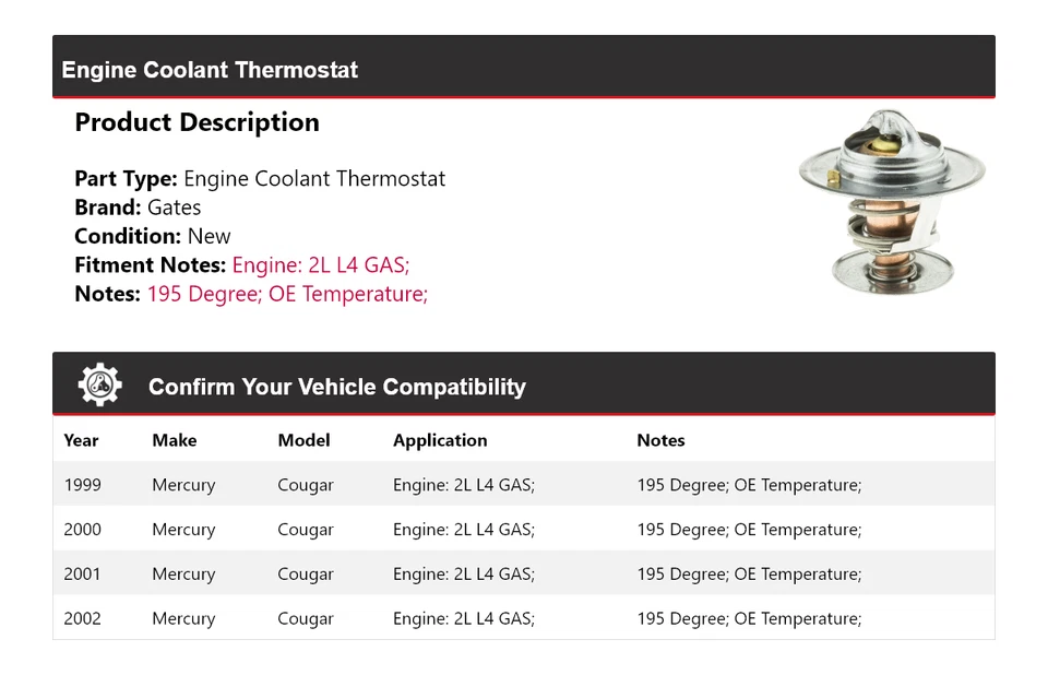Para 1999-2002 Mercury Cougar 2L L4 GAS Motor Termostato de refrigerante Puertas 2000 2001 Foto 2 de 4