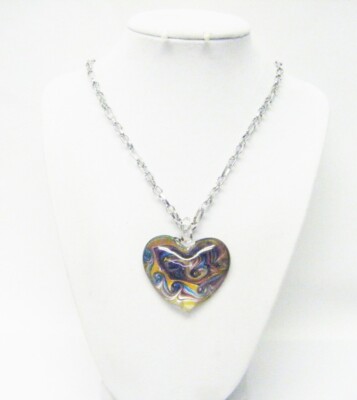 Beautiful Multi-colored Fused Glass Lamp Work Heart Pendant Necklace
