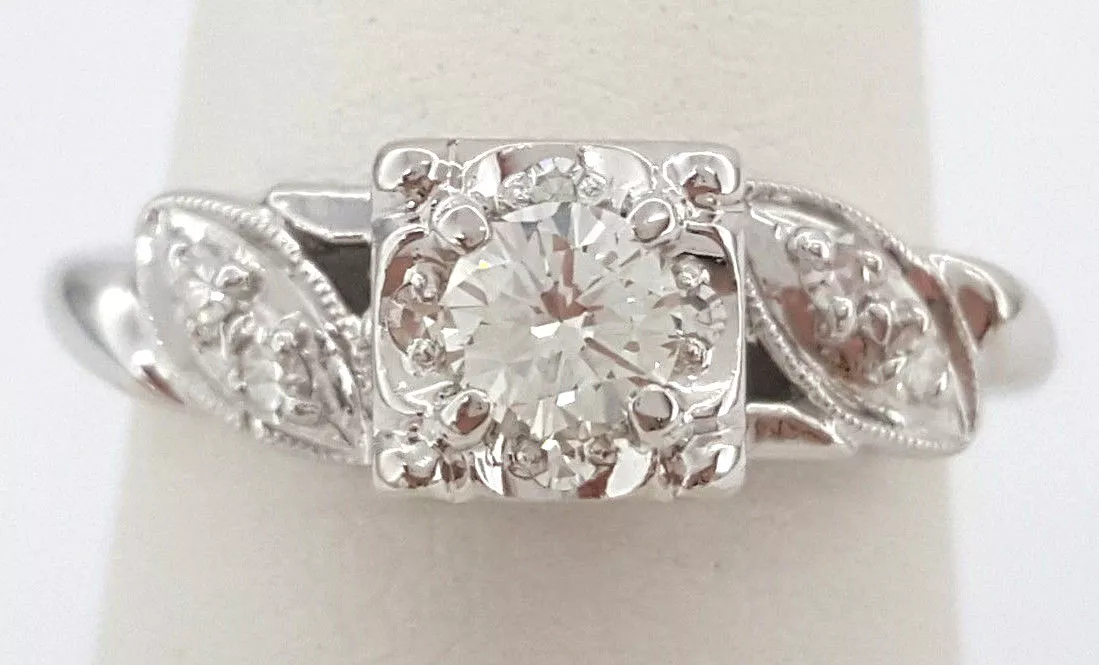 0.35 ct Vintage Antique 14k White Gold Round Diamond Engagement