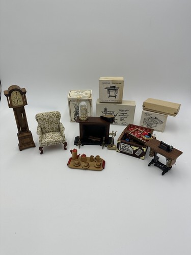 Dollhouse Furniture Lot Clock Sewing Machine Land Chest Fireplace Chair Vintage - Picture 5 of 14