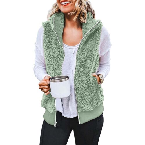 Womens Fuzzy Fleece Vest Casual Warm Sleeveless Zip Up Sherpa Jacket with Pocket - Picture 23 of 37