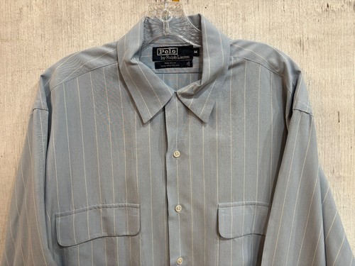 Polo Ralph Lauren Silk Shirt Mens Medium Blue w Stripe Button Front Made in USA - Picture 3 of 9