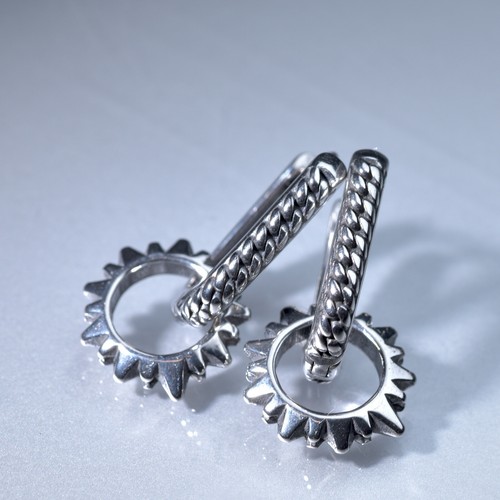 Silver stud stainless steel dangle round circle drop huggies earrings - Picture 2 of 5