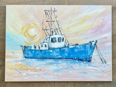 Fischerboot und Sonnenuntergang Original Acryl Gemälde auf 50x70cm Leinwand Wandbild