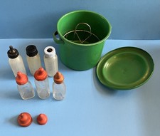 Vintage 1950s Amsco Doll-E-Toys: 6 baby bottles, enamel sterilizer, 2 metal pans