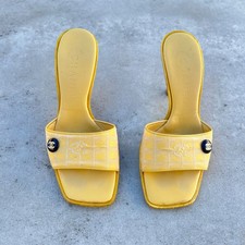 Chanel  Authentic Vintage Yellow Canvas CC Logo Black CC Button Mules 34.5 
