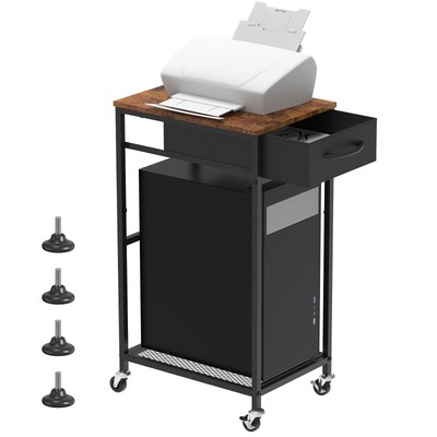 Computer Tower Stand PC Tower Stand with Storage Drawer 2 Tier Wood Rolling C...