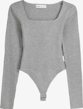 Bershka Square Neck Ribbed Bodysuit in Mottled Grey - Wool Blend Long Sleeve S
