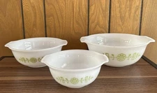 VTG Glasbake 3 Pc Nesting Mixing Bowl Set Mod Flower Green Mid Century Modern