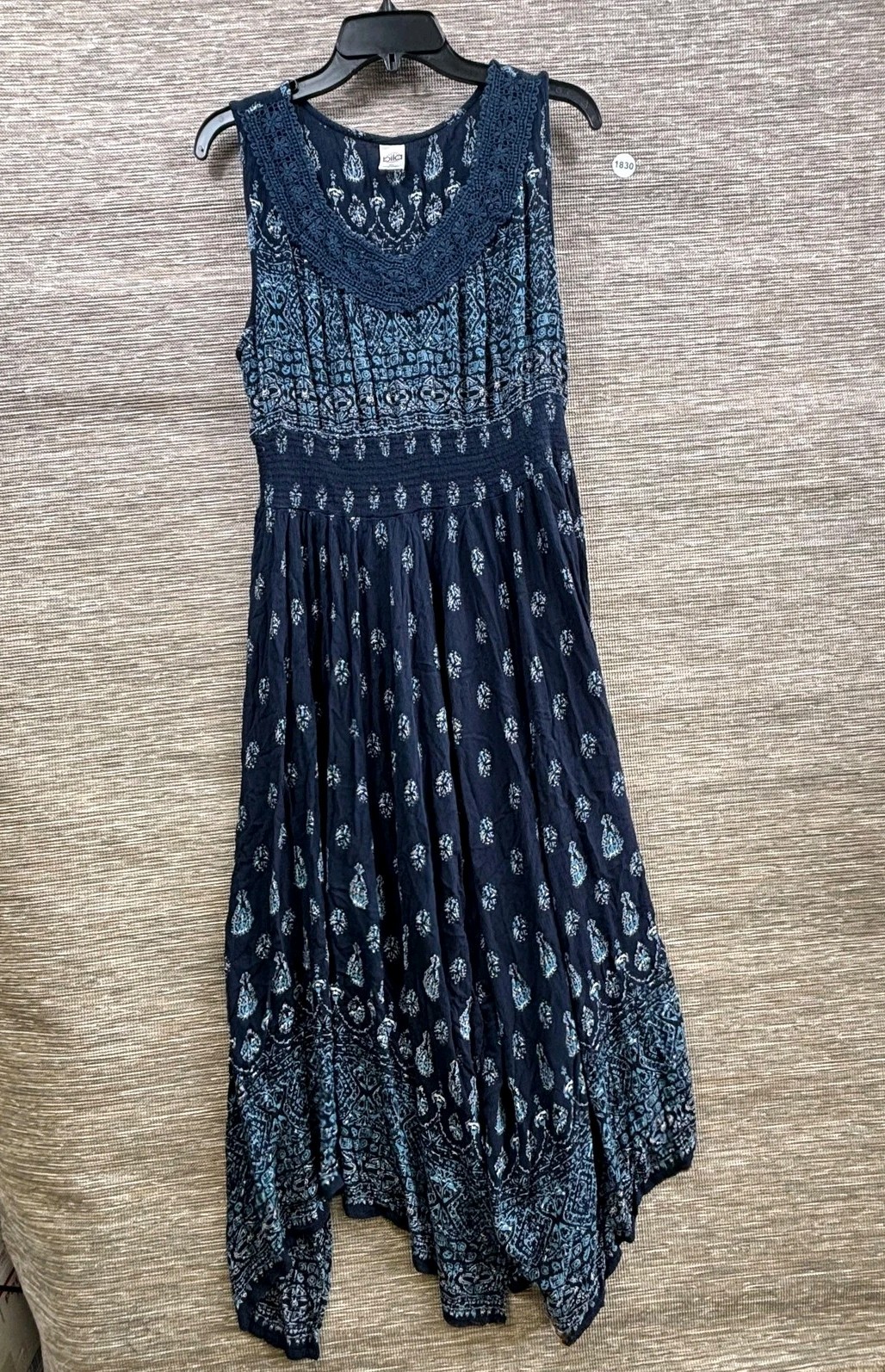 Bio Paisley Maxi Sun Dress Womens Size XL Blue Crochet Hanky Hem Boho Rayon