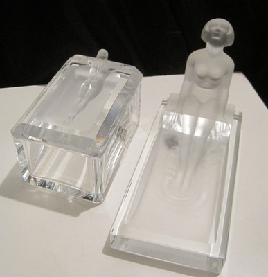 #ad SET of 2 Deco Bohemian Nude Lady DESNA Czech Glass Trinket Jewelry Box Pin Tray $549.00
