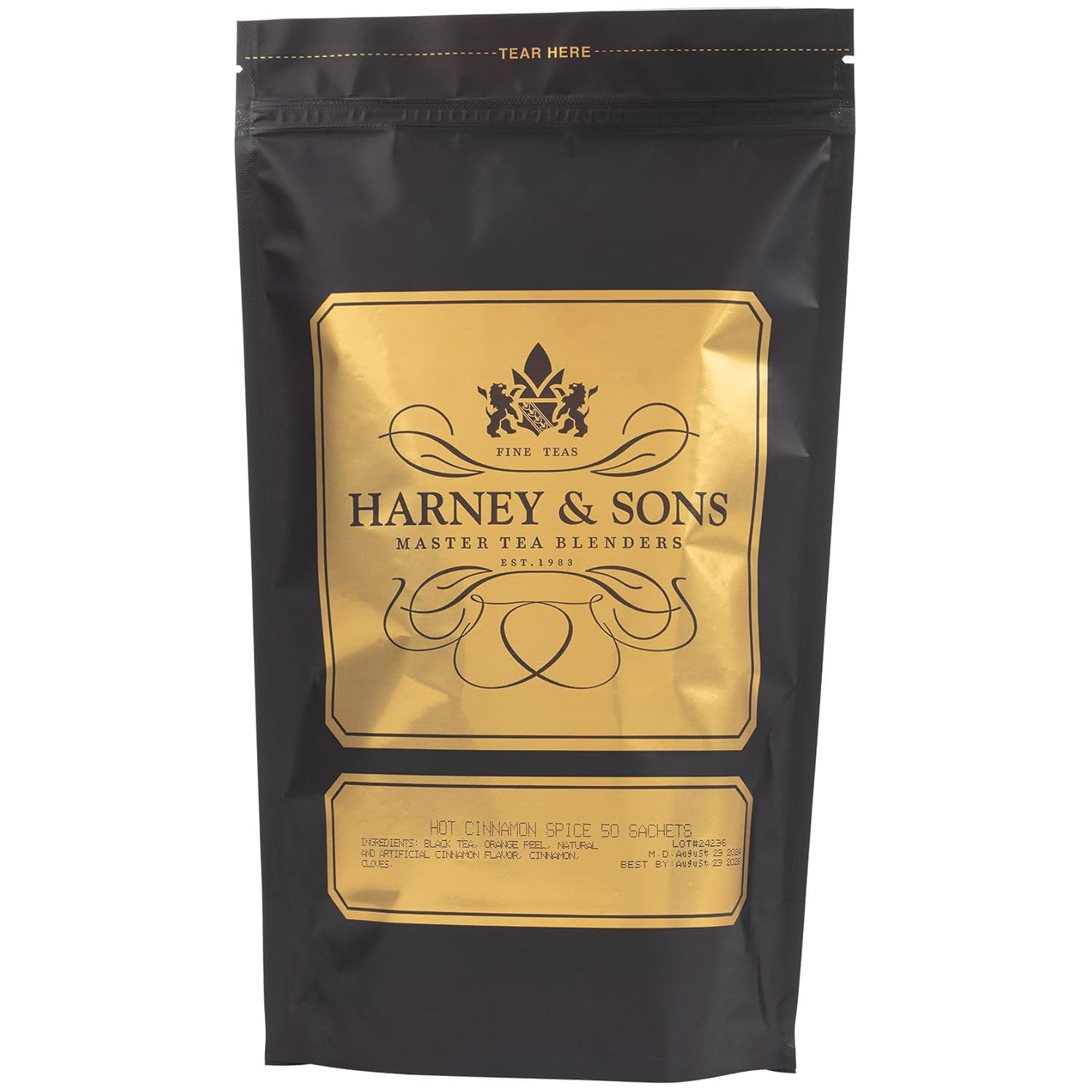 Harney and Sons Hot Cinnamon Spice, Bag of 50 Sachets, Black Tea W/Orange Pieces