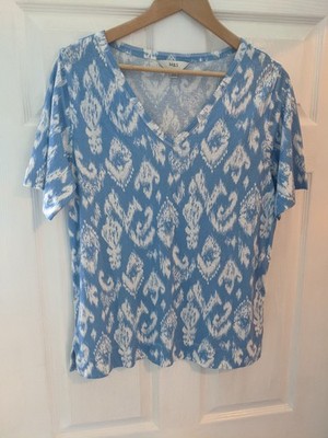 Marks And Spencers Blue & White V Neck T Shirt Size 12 linen and modal