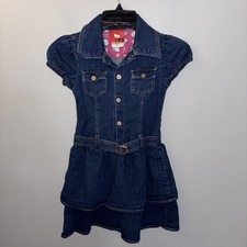 Hello Kitty Girls Jean Denim Dress Size 6 Layers Belt Puff Sleeves Y2K