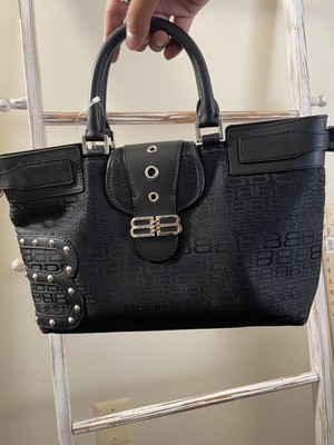 Balenciaga Black Canvas Leather Silver Stud Logo Patterned Hand Bag, Excellent