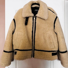 ZARA Women's Beige/Black Teddy Borg Fleece Short Zip Jacket Buckle Size M