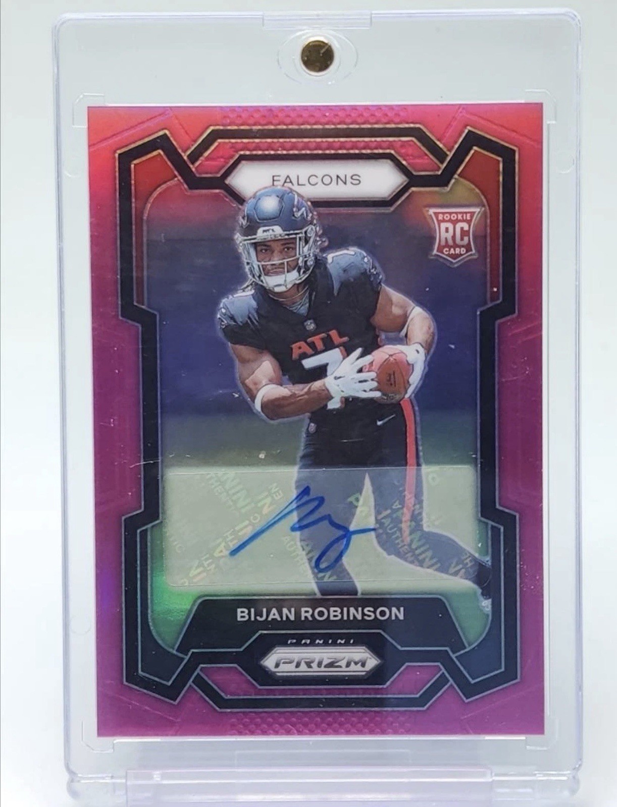 2023 Panini Prizm Bijan Robinson Pink Refractor Auto Rookie RC Card 305 - FALCON