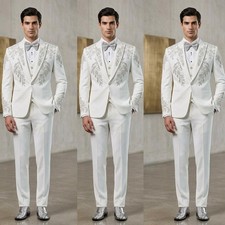 Men's Suits Beaded Embroidery Vest Blazer Trousers Wedding Tuxedo Fit 3 Pieces