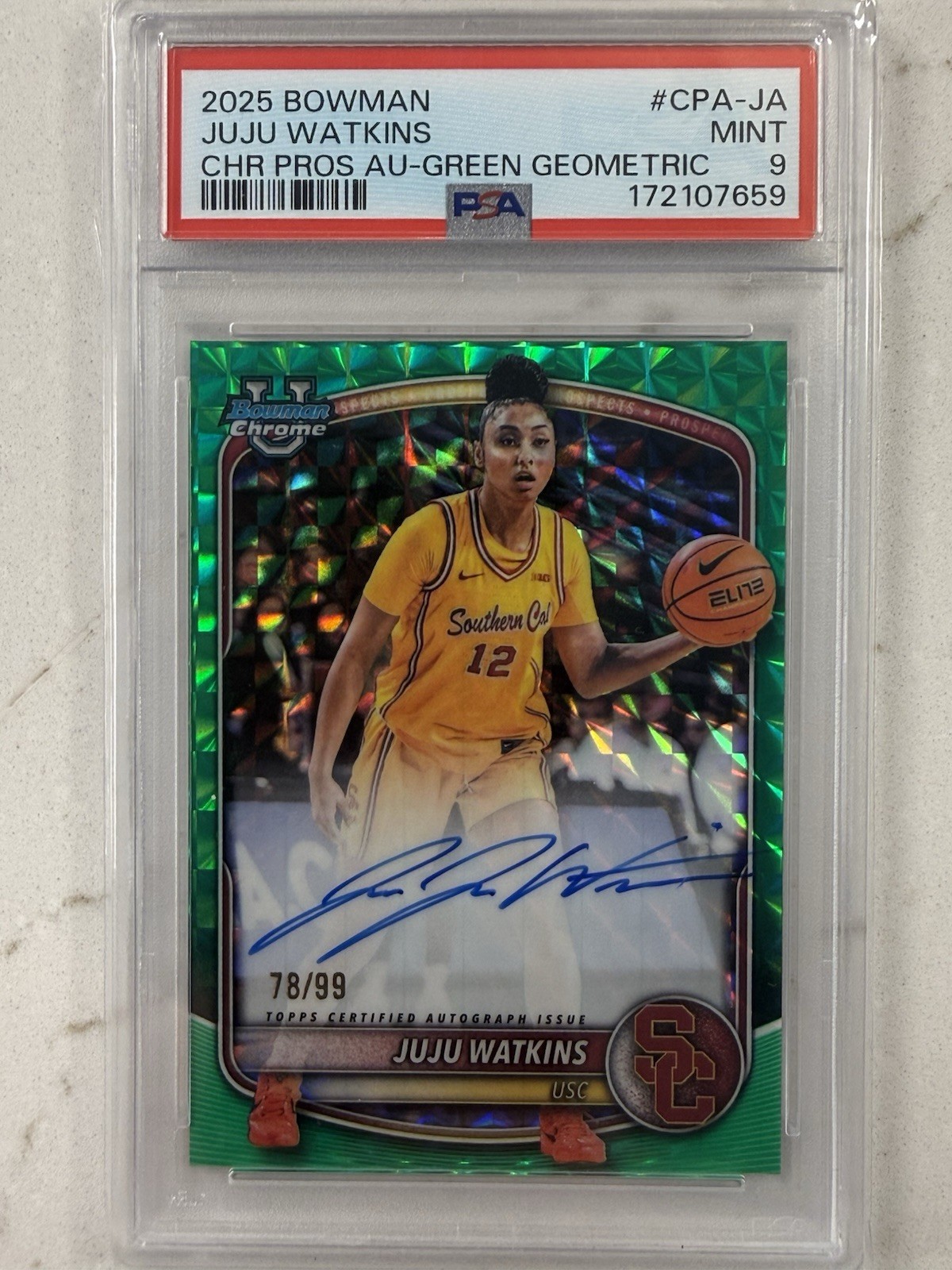 2025 Bowman Chrome Juju Watkins Green Refractor Auto PSA 9 78/99 RC Rookie view 1