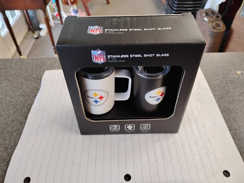 NFL Pittsburgh Steelers Stainless Steel Set of 2 Shot Glasses Barware New In Box
