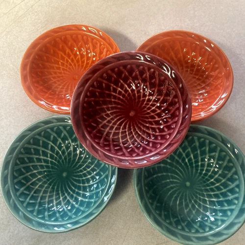 5 Vtg Harlequin Basket Weave Nut Dish Homer Laughlin 3" Teal Maroon Orange Fiest