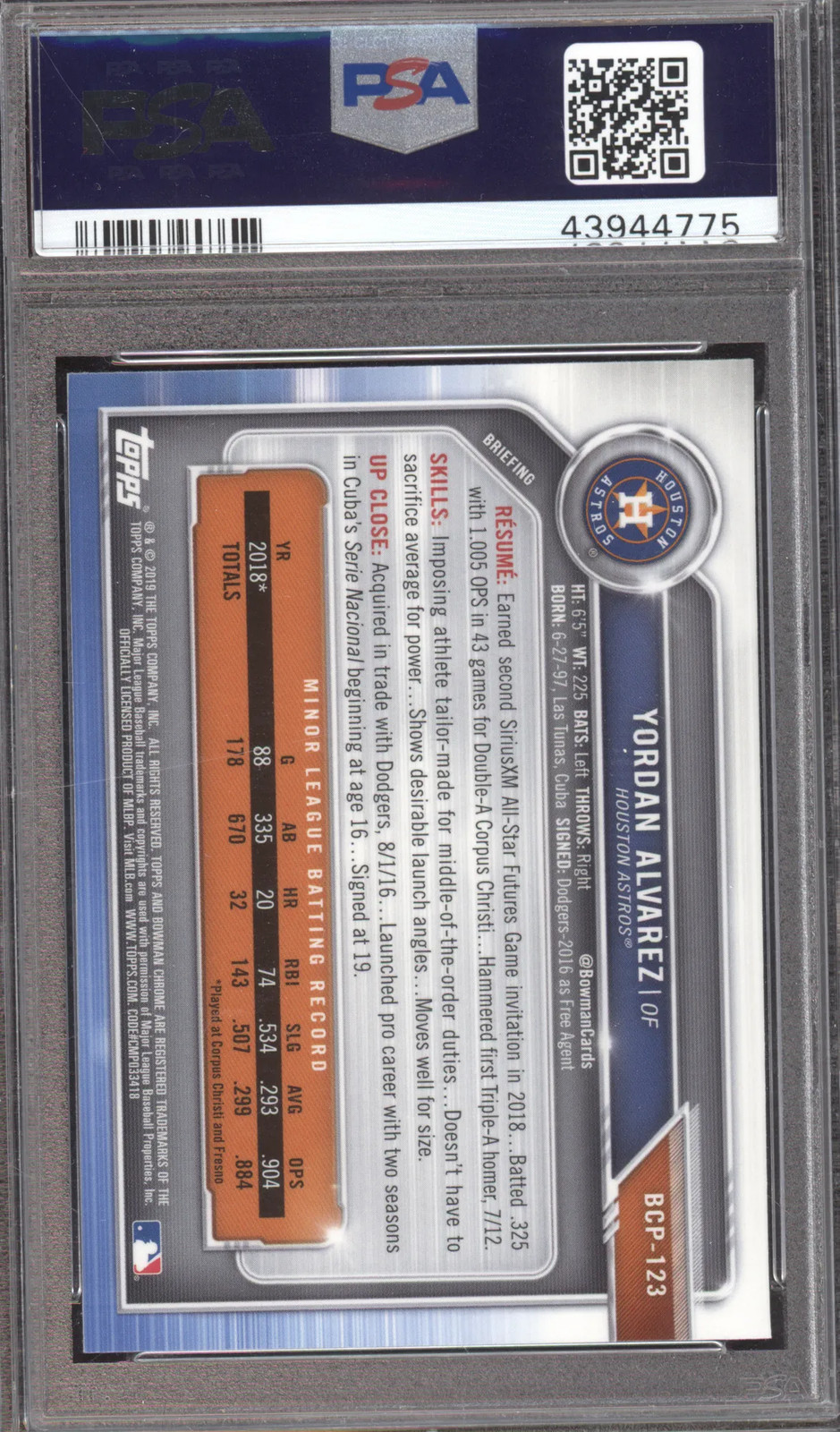 2019 Bowman Mega Box Chrome Yordan Alvarez #123 PSA 10 view 2