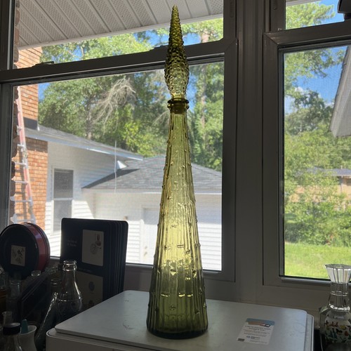 Vintage 22.5” Tall! Olive Green Wax Drip Bamboo Empoli Genie Bottle Decanter MCM