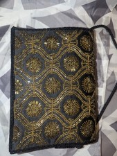 Vintage-style Beaded Evening Bag with Gold Zardozi Embroidery Clutch Purse Black