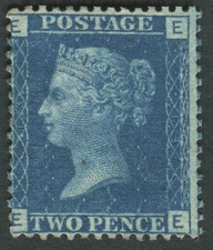 SG46 1869 2d Blue Plate 13 EE, Tiny Spot on Queen's Neck Otherwise Fine Mint