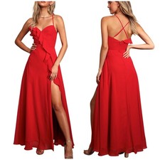 Lulus Moonlit Moment Red Ruffled Maxi Dress Size 4 Side Slit Adjustable Strap