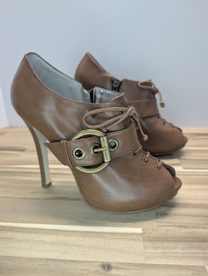 Women's Size 9M Gianni Bini Brown Lace Up Buckle High Heel Booties