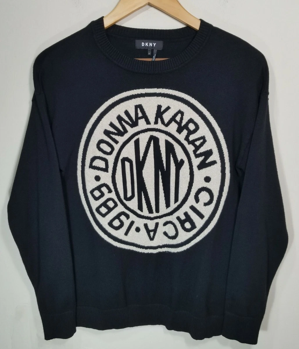 DONNA KARAN DKNY CIRCA Black White LOGO Pullover Sweater Women's Size XS