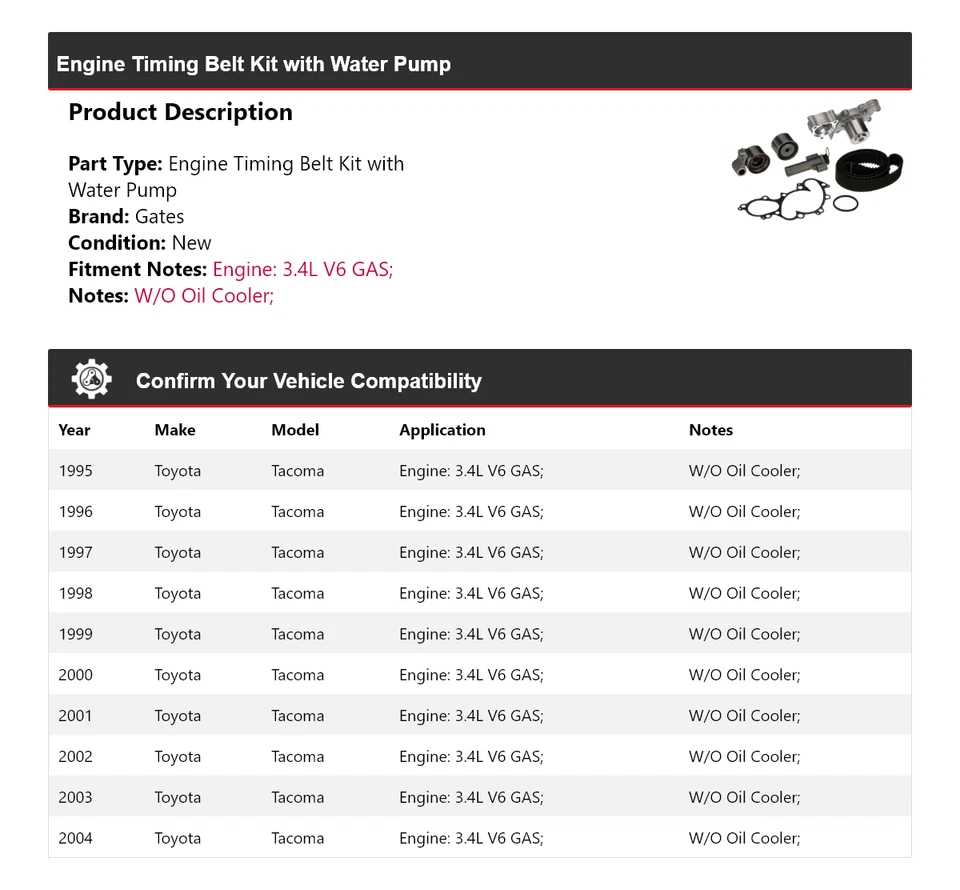 Kit de correa de distribución de motor Toyota Tacoma 1995-2004 con puertas de bomba de agua 1996 Foto 2 de 3