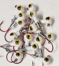 15 Pack 1/8 Oz Custom White Jig Heads 3D Eyes Ring & Barb Collar