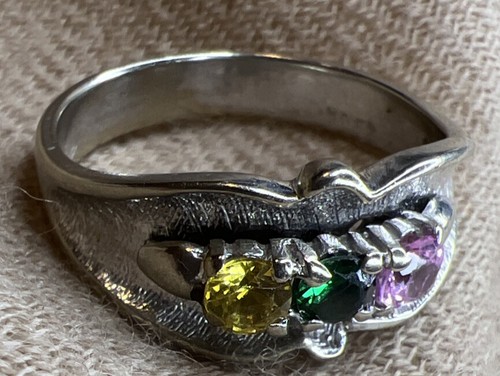 Vintage PC 10k White Gold 3 GemStones Yellow Blue And Pink Ring 8 3/4 - Picture 3 of 15