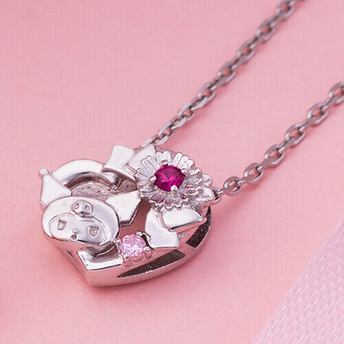 Sanrio Kuromi Necklace Heart Flower Pendant Silver Cubic Zirconia White Clover