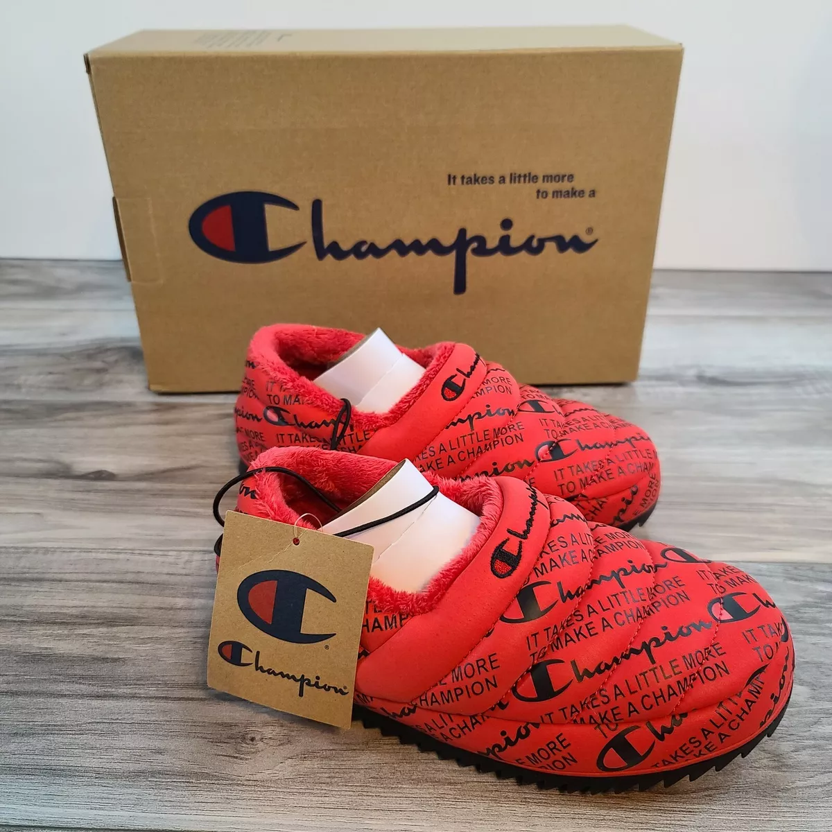 Champion Varsity Reflective Scarlet Red Black Slip On Slippers Sz 5 7