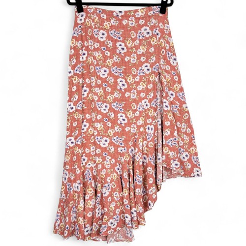 DISSH Midi Summer Skirt Womens Size 12 Dusty Pink Floral Asymmetrical Ruffle