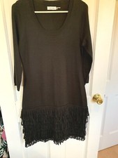 CALVIN KLEIN BLACK Knit 3/4 Sleeve above Knee Length Fringe Sweater Dress M loop